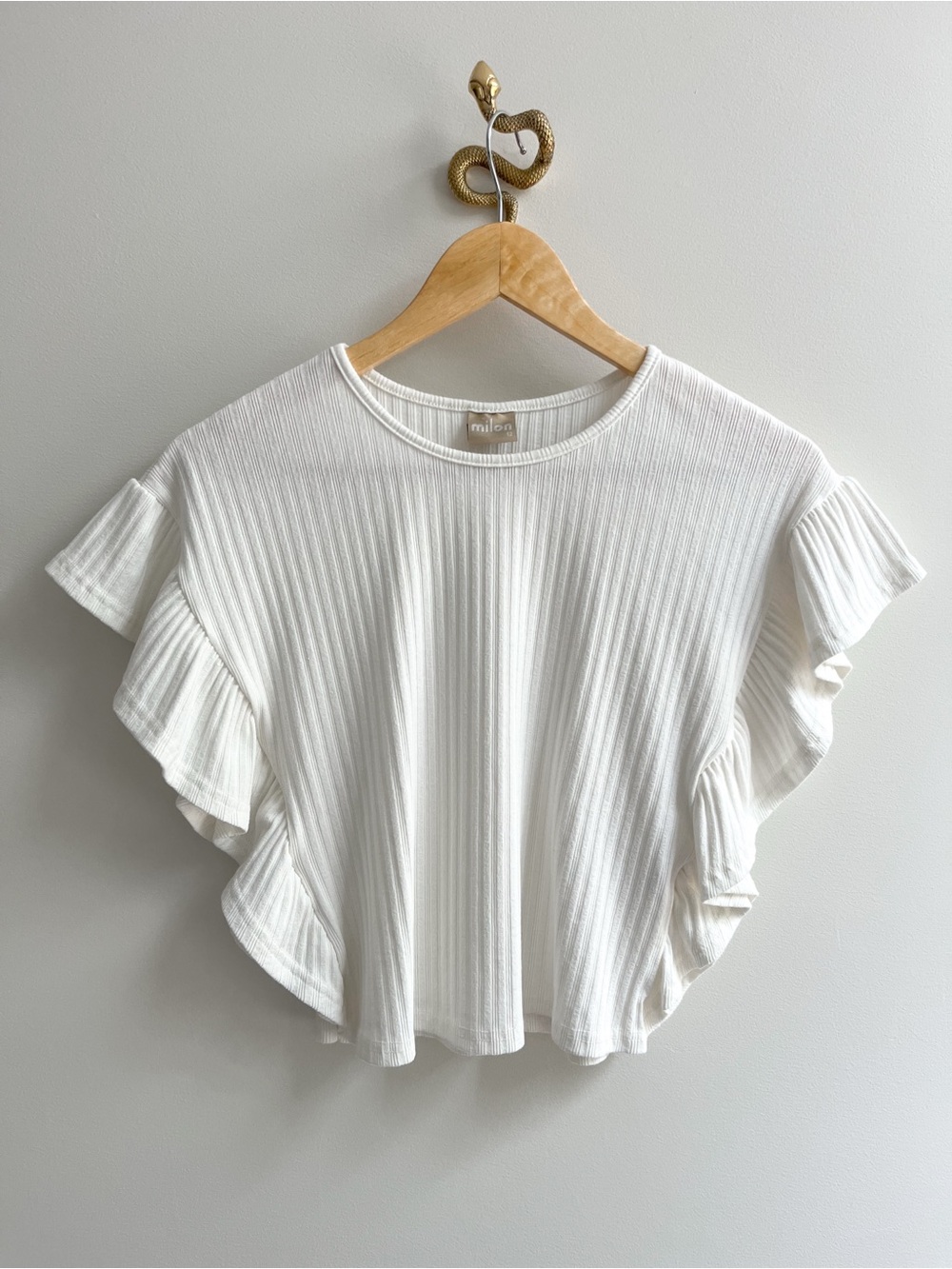 Milon Ribbed Knit Ruffle Flutter Sleeve Top Ivory Girls 12